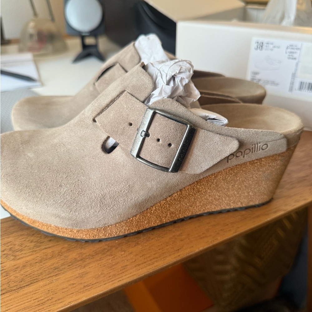 Birkenstock Papillio Beige Suede Wedge Mules